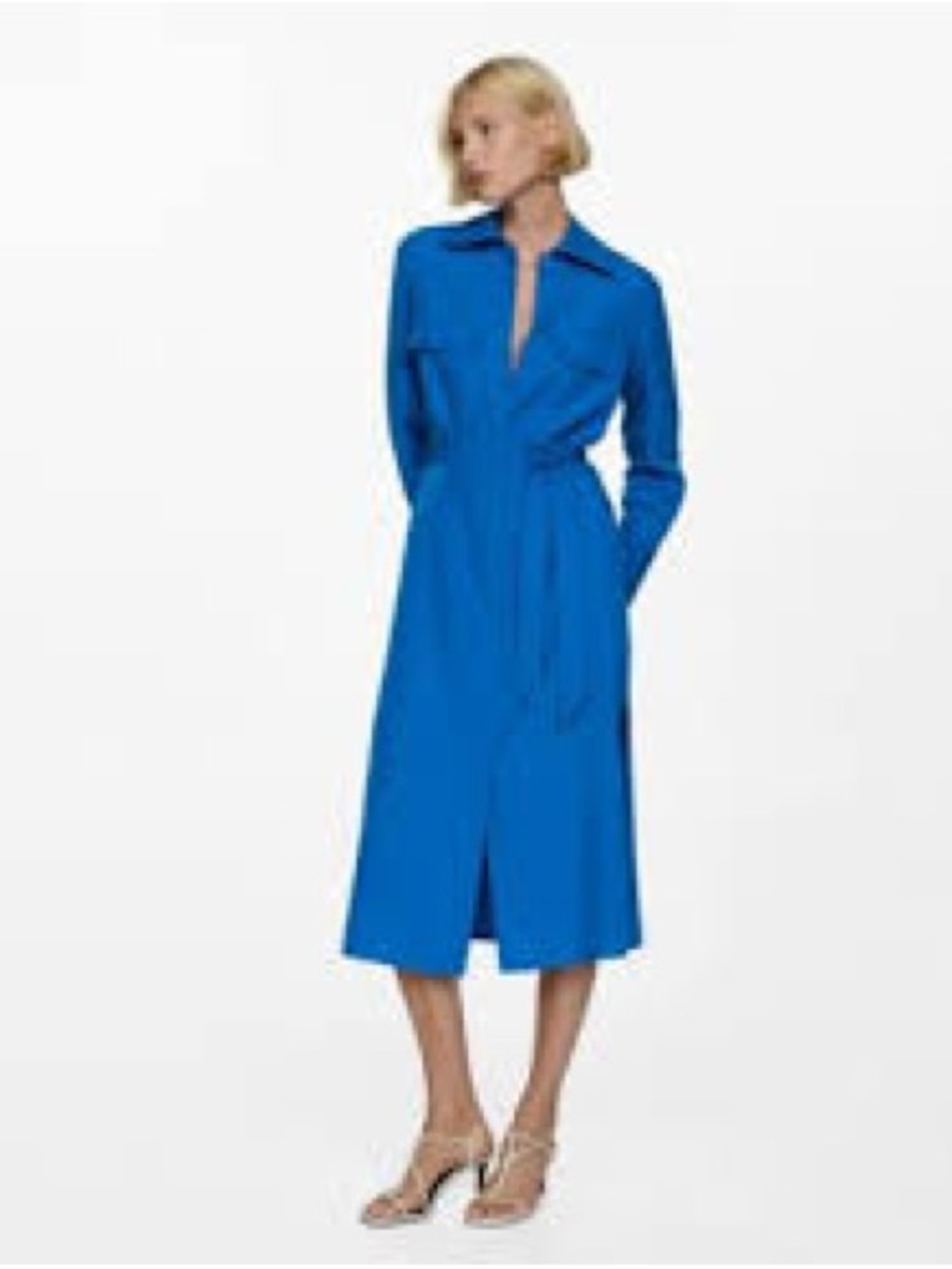 Mango Blue Long Sleeve Belted Midi Shirt Dress Size 8